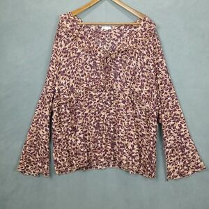 Thread & Clover Blouse Top Women 2X Tan Purple Leopard Print Ruffled Long Sleeve